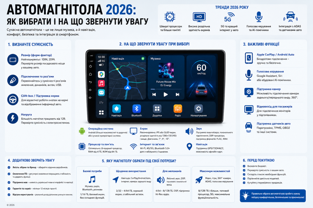 Інфографіка про вибір автомагнітоли у 2026 році: критерії сумісності, характеристики екрана та процесора, важливі функції CarPlay та Android Auto, голосове керування, підтримка камер та поради перед покупкою