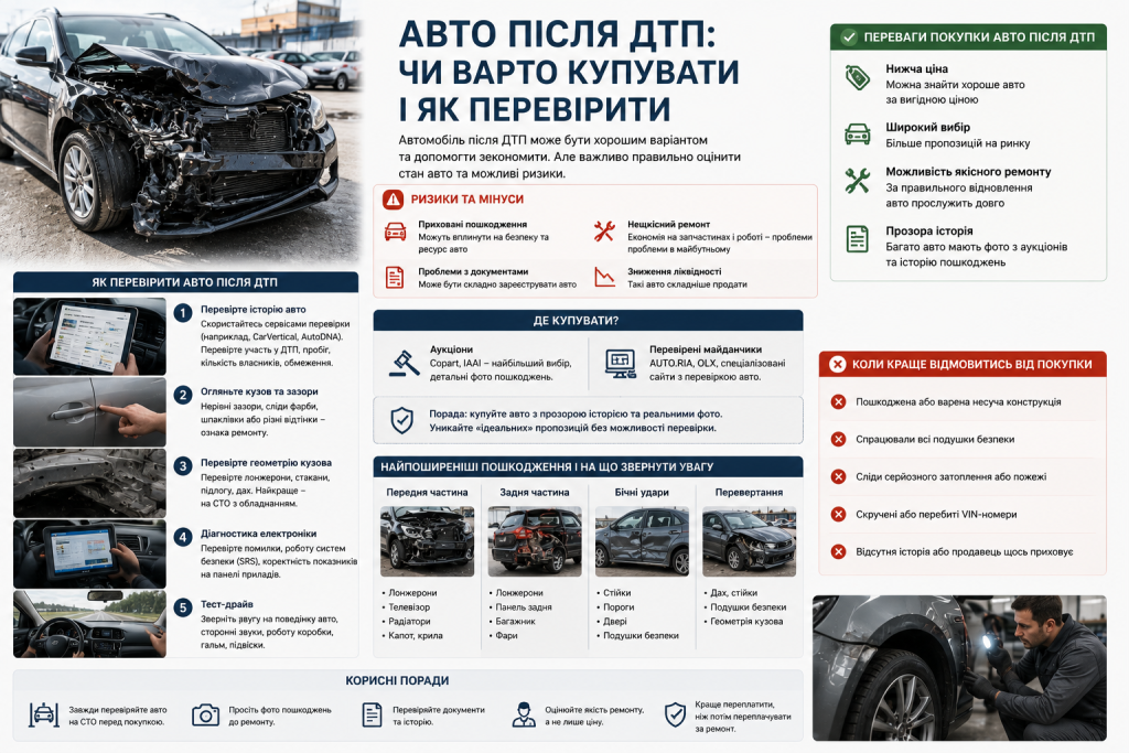 Інфографіка про купівлю авто після ДТП — ризики та переваги, як перевірити кузов та електроніку, найпоширеніші пошкодження та коли відмовитись від покупки