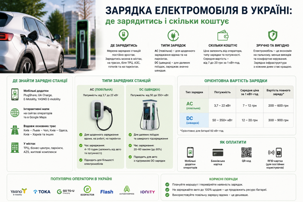 Інфографіка про зарядку електромобілів в Україні — типи зарядних станцій AC і DC, вартість, популярні оператори та поради з використання