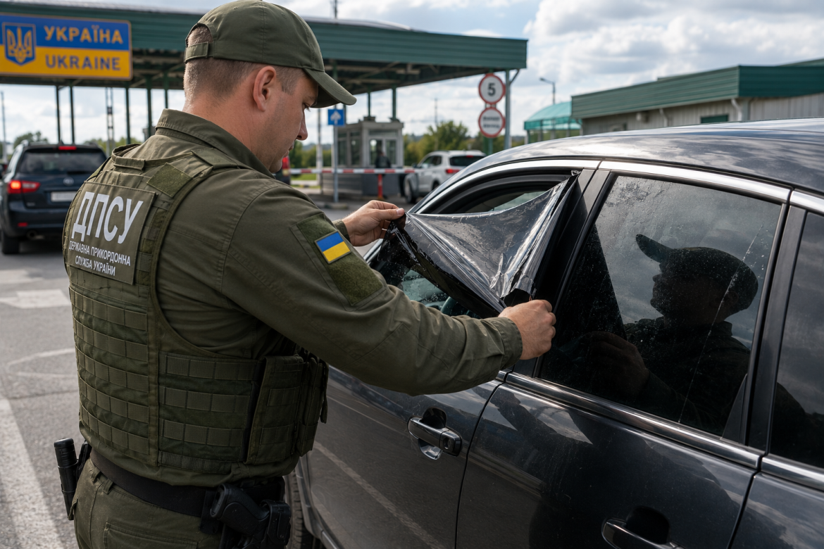 Співробітник Державної прикордонної служби України відклеює тоновану плівку з бокового скла автомобіля на контрольно-пропускному пункті