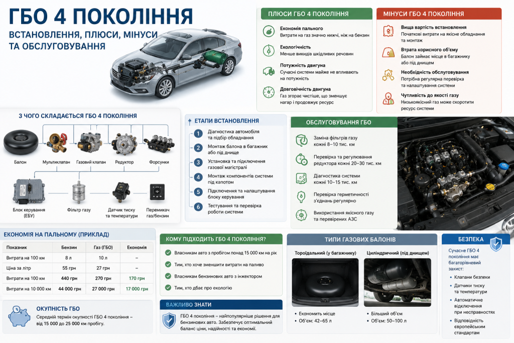 Інфографіка про газобалонне обладнання 4 покоління — схема системи, етапи встановлення, переваги та недоліки, економія на паливі