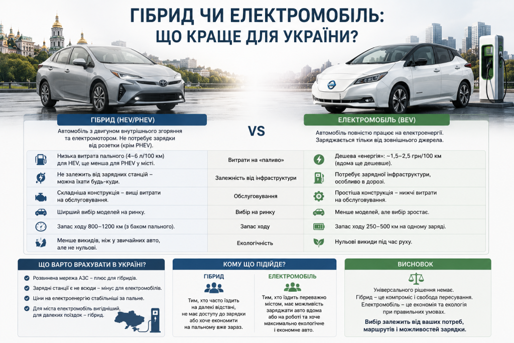 Інфографіка з порівнянням гібридного автомобіля та електромобіля для умов України — витрати, запас ходу, інфраструктура та екологічність