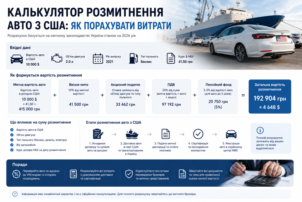 Інфографіка з розрахунком вартості розмитнення автомобіля з США — мито, акциз, ПДВ, пенсійний фонд та етапи митного оформлення