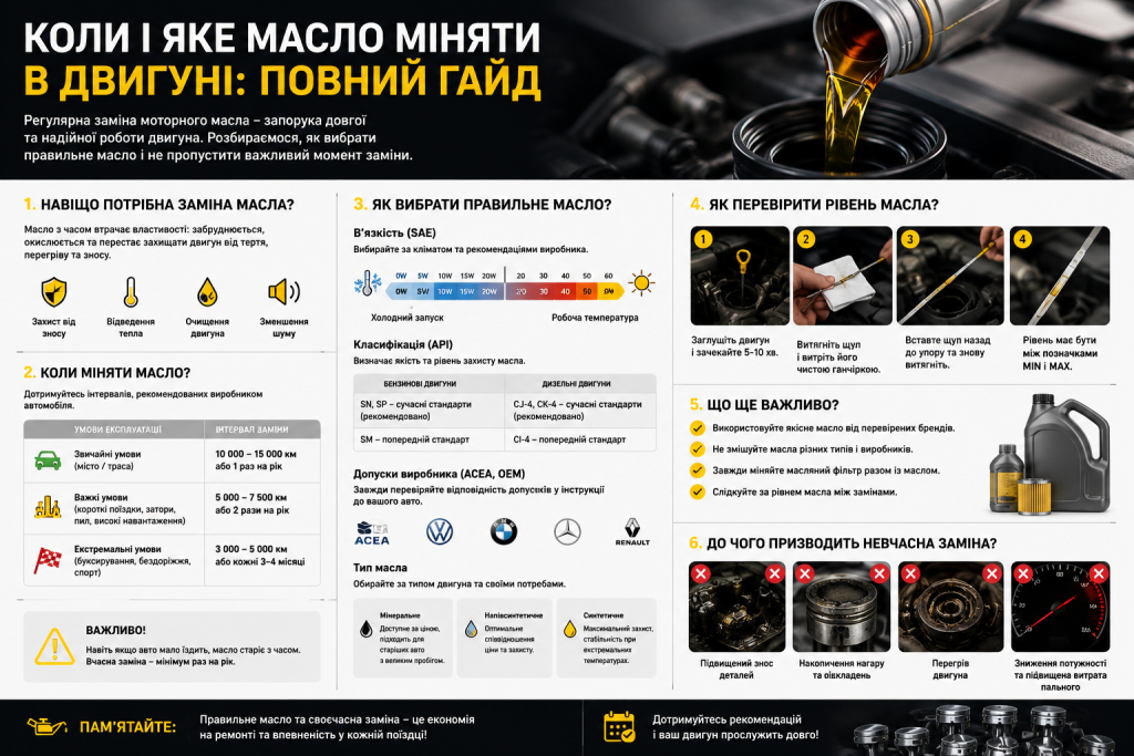 Інфографіка про заміну моторного масла — інтервали заміни, в'язкість SAE, класифікація API, як перевірити рівень та наслідки несвоєчасної заміни