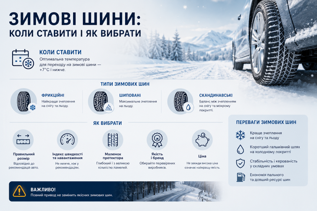 Інфографіка про зимові шини — оптимальна температура переходу, типи шин (фрикційні, шиповані, скандинавські) та критерії вибору