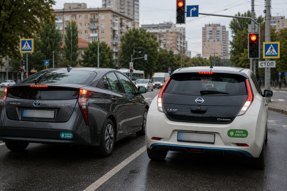 Гібридний Toyota Prius і електричний Nissan Leaf стоять на червоному світлофорі на міській дорозі в Україні