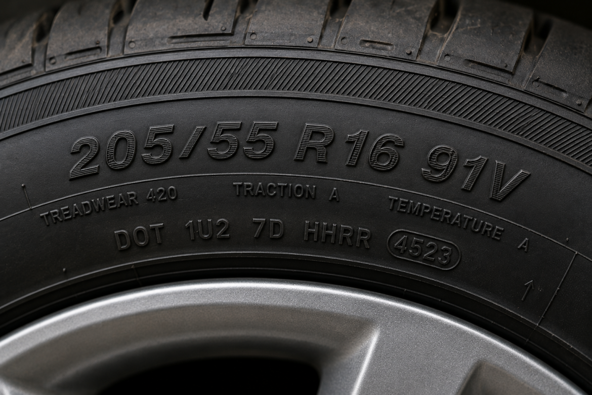Крупний план бокової поверхні шини з маркуванням 205/55 R16 91V, датою виробництва DOT та показниками зносостійкості