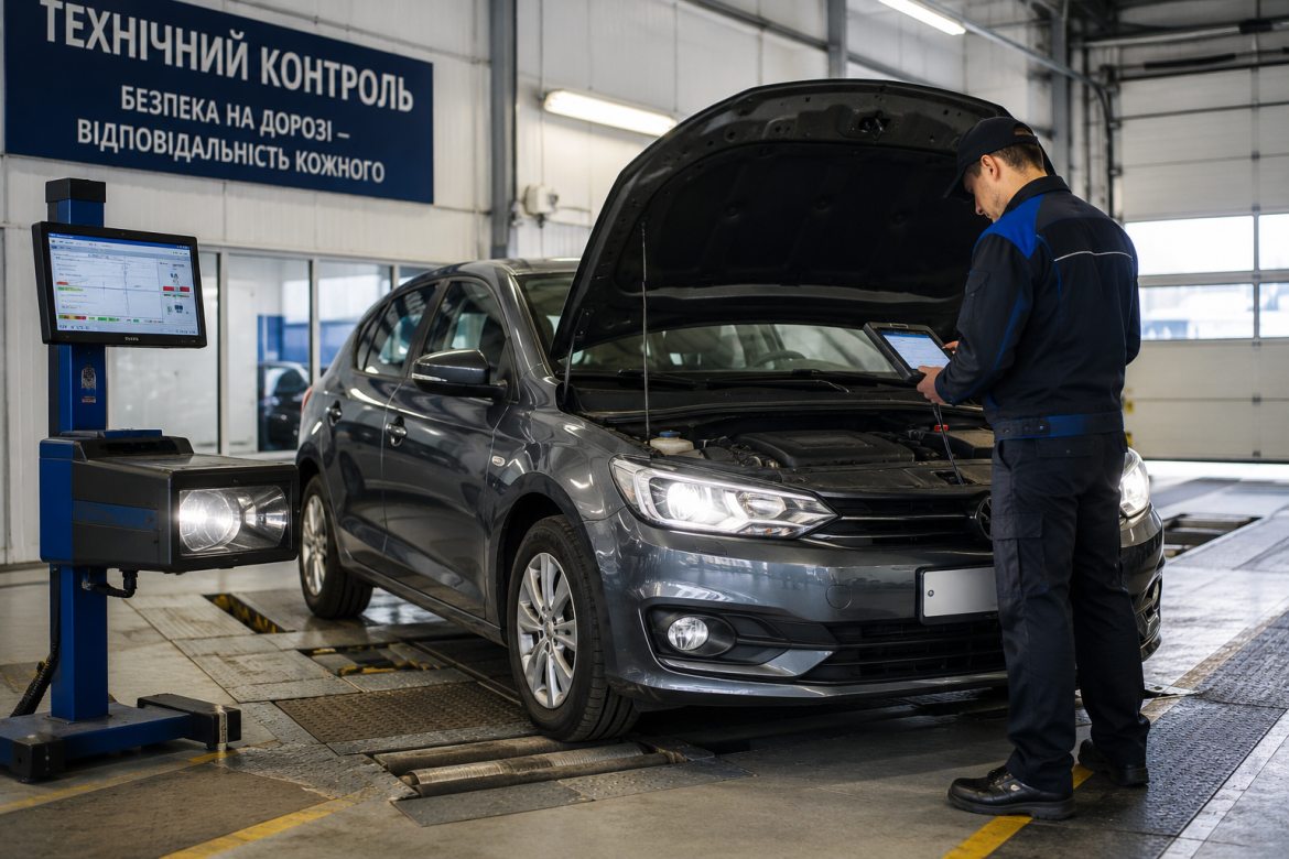 Автомеханік з планшетом перевіряє двигун автомобіля з відкритим капотом на станції технічного контролю
