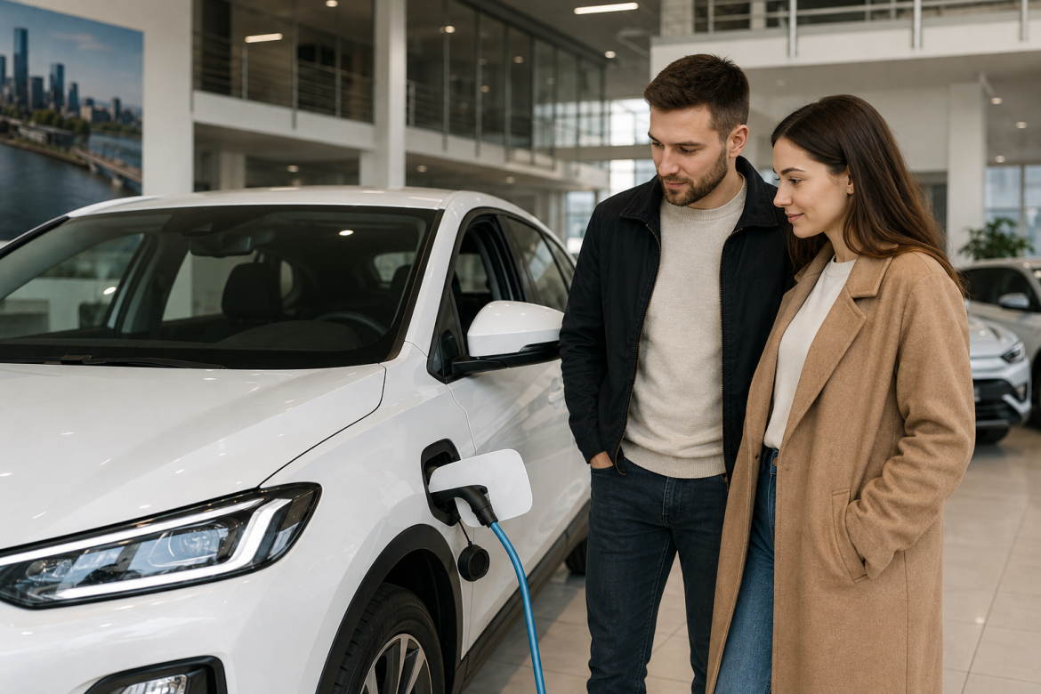 Чоловік і жінка розглядають білий електромобіль у автосалоні, оглядаючи зарядний порт