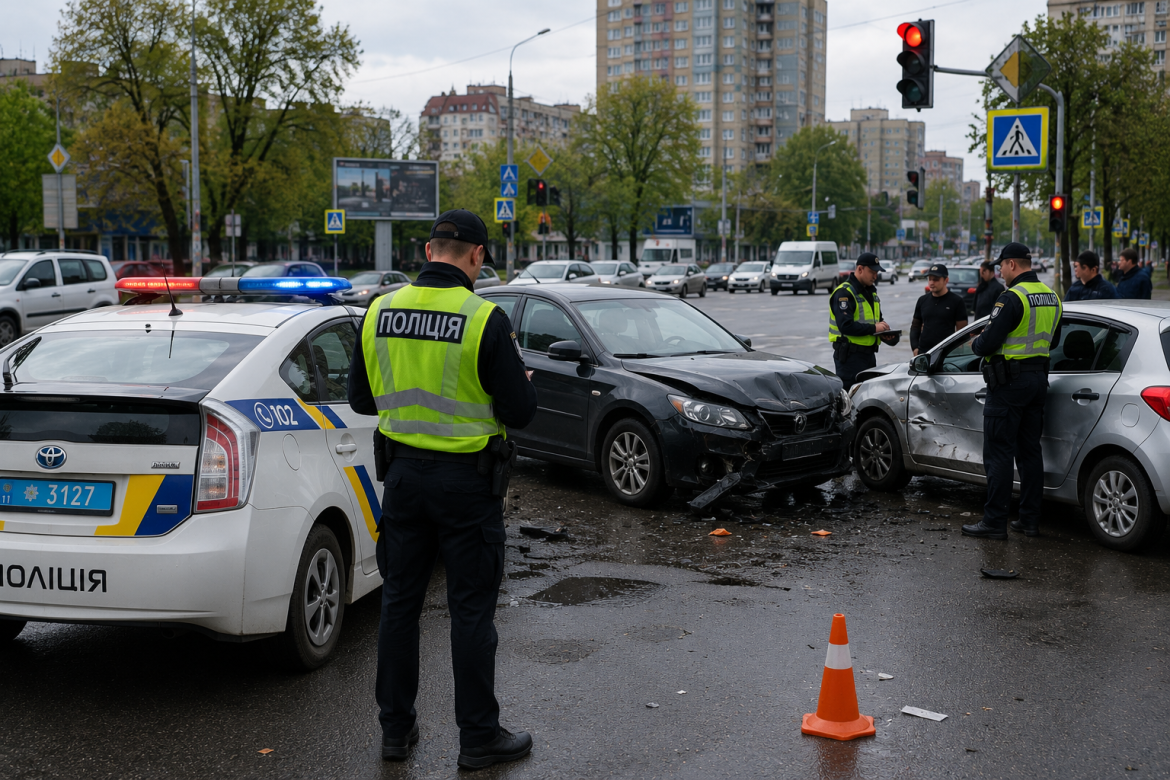 Патрульні поліцейські оформляють ДТП між двома автомобілями на перехресті міської вулиці в Україні