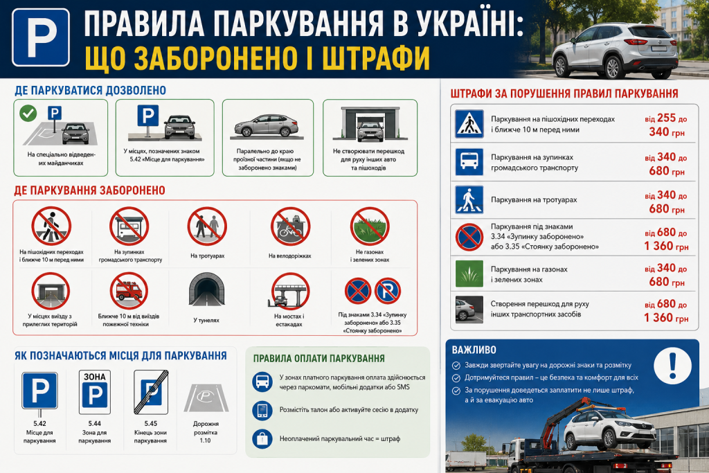 Інфографіка про правила паркування в Україні — дозволені та заборонені місця, розміри штрафів та правила оплати паркування