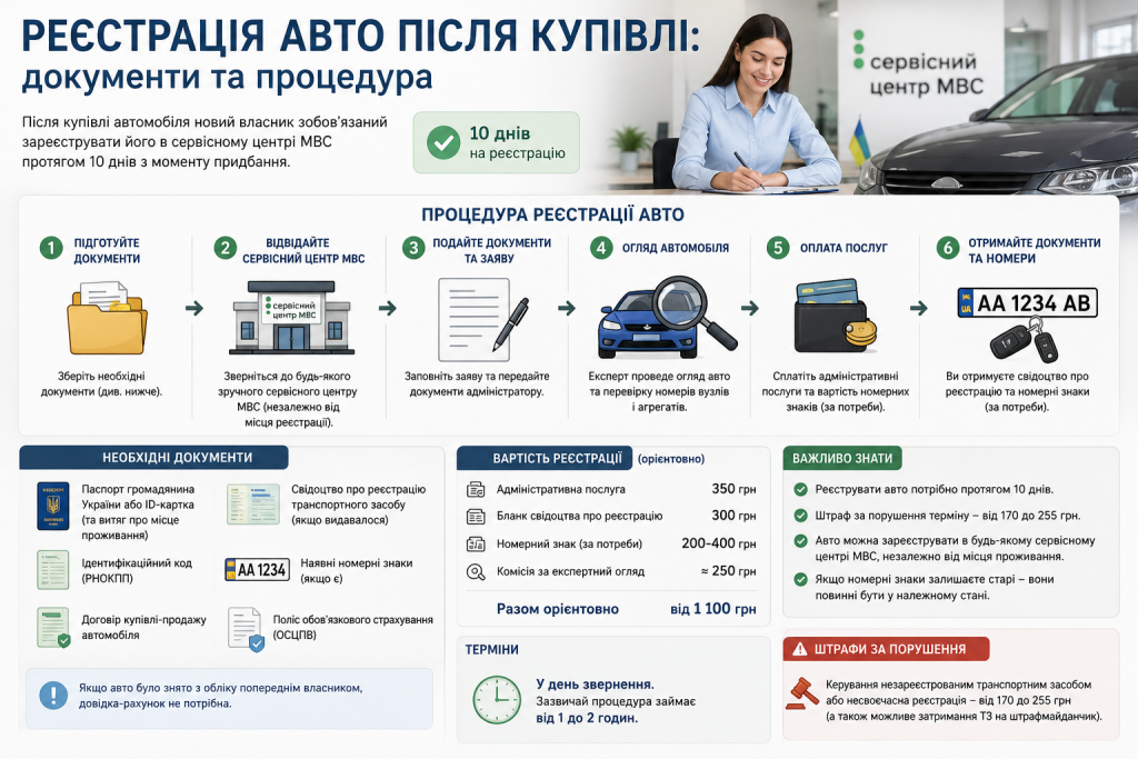 Інфографіка про реєстрацію автомобіля після купівлі — покрокова процедура, необхідні документи, вартість та строки реєстрації