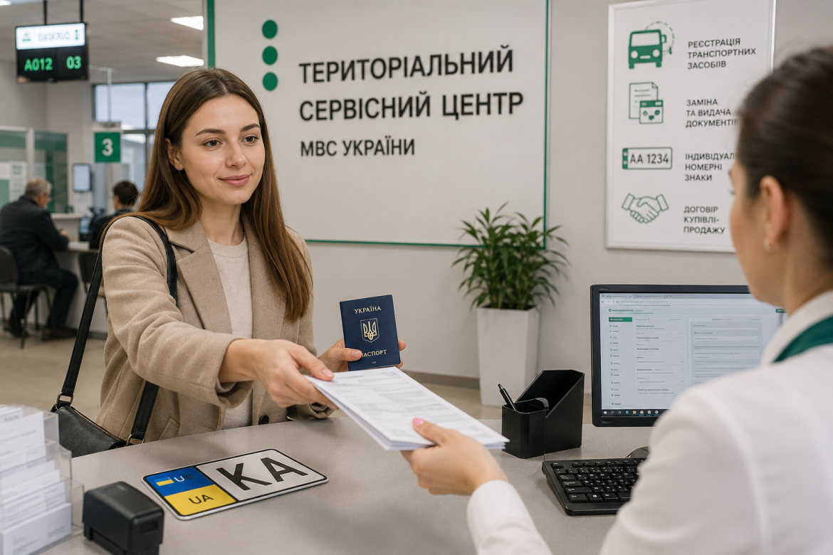 Жінка подає паспорт та документи для реєстрації автомобіля в Територіальному сервісному центрі МВС України