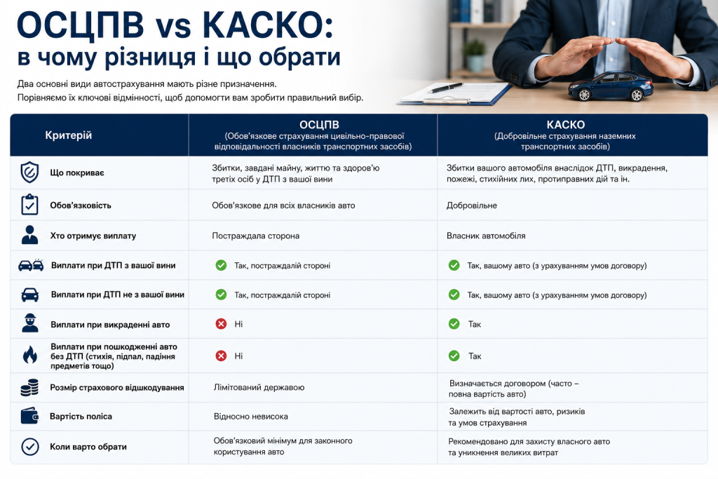 Порівняльна таблиця ОСЦПВ та КАСКО — що покриває, обов'язковість, виплати при ДТП, викраденні та пошкодженні авто