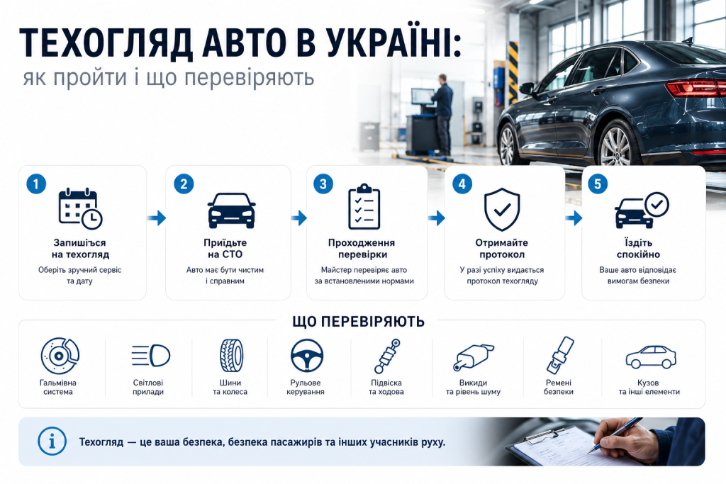 Інфографіка про технічний огляд автомобіля в Україні — покрокова процедура проходження та перелік вузлів і систем, які перевіряються
