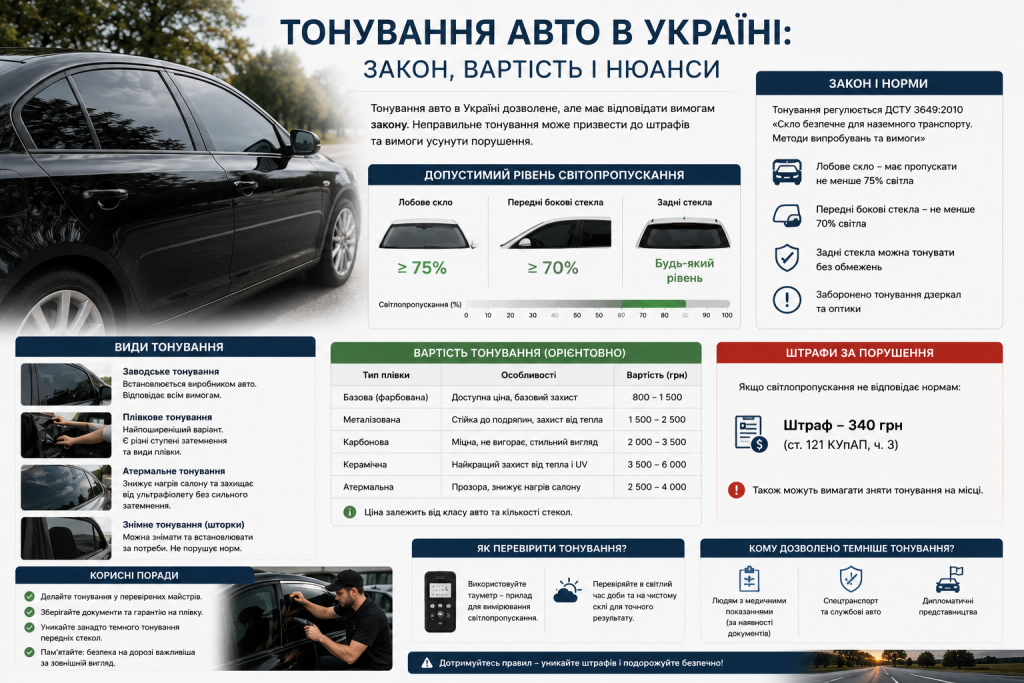 Інфографіка про тонування автомобіля в Україні — допустимий рівень світлопропускання, види плівок, вартість та штрафи за порушення