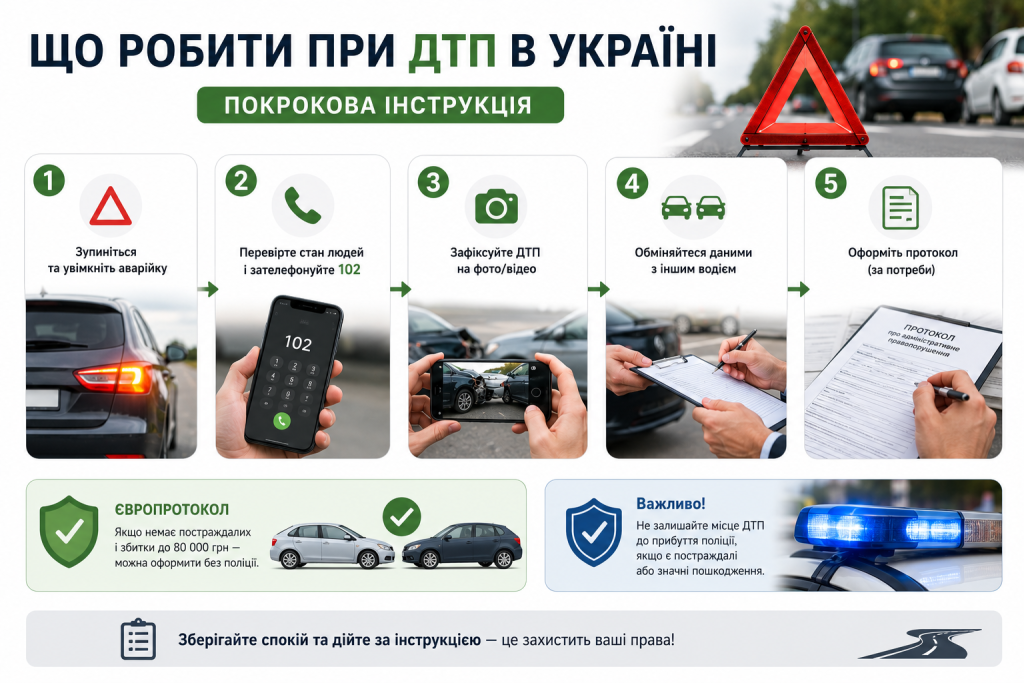 Інфографіка з покроковою інструкцією дій при ДТП в Україні — виклик поліції, фіксація аварії, обмін даними та оформлення європротоколу
