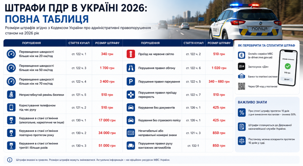 Інфографіка з таблицею штрафів за порушення правил дорожнього руху в Україні у 2026 році — перевищення швидкості, проїзд на червоне, п'яне водіння та інші порушення