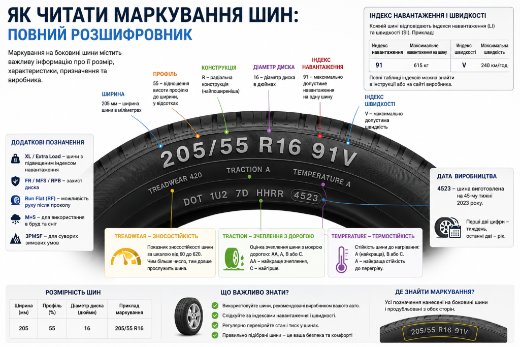 Інфографіка з розшифровкою маркування шин — ширина, профіль, діаметр диска, індекс швидкості та навантаження, дата виробництва та додаткові позначення