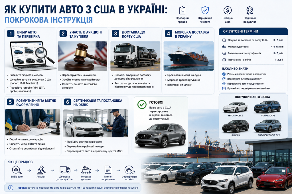 Інфографіка про купівлю автомобіля зі США — вибір на аукціоні, доставка, розмитнення, сертифікація та постановка на облік в Україні