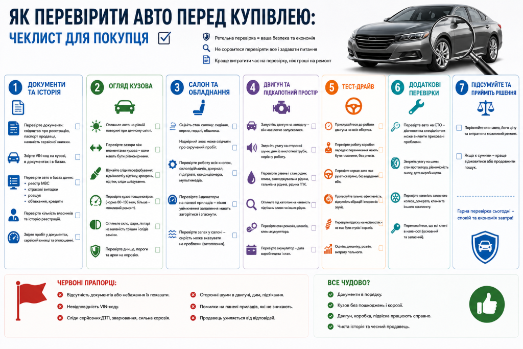 Інфографіка-чеклист перевірки автомобіля перед покупкою: документи та історія, огляд кузова, салон, двигун, тест-драйв, додаткові перевірки та перелік червоних прапорців