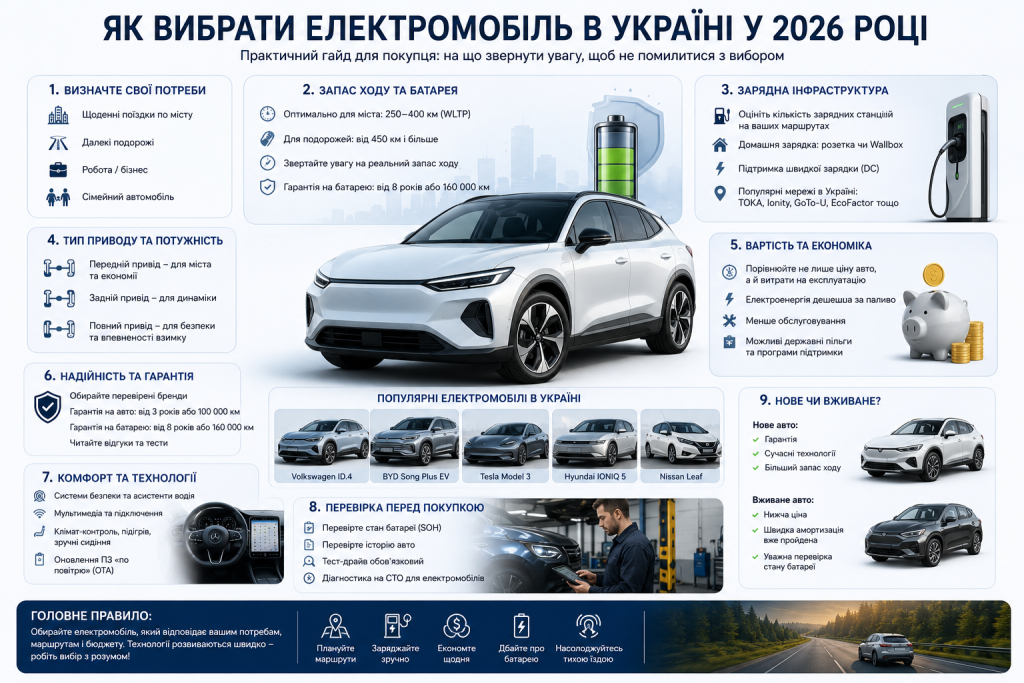 Інфографіка про вибір електромобіля в Україні — запас ходу, зарядна інфраструктура, вартість, популярні моделі та поради щодо перевірки перед покупкою