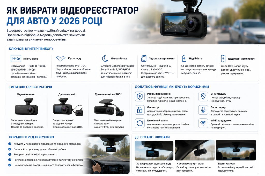 Інфографіка про вибір відеореєстратора — якість відео, кут огляду, нічна зйомка, типи реєстраторів та місця встановлення