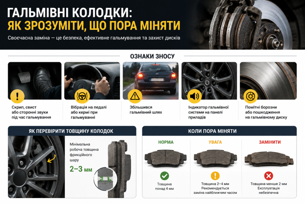 Інфографіка про гальмівні колодки — ознаки зносу, як перевірити товщину, коли потрібна заміна та мінімально допустима товщина фрикційного шару
