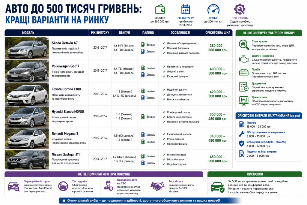 Інфографіка з популярними автомобілями до 500 тисяч гривень, орієнтовними цінами, характеристиками, порадами щодо вибору та перевірки перед купівлею.