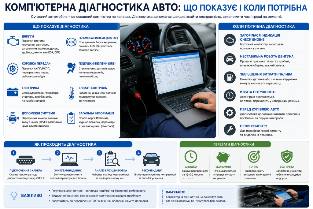 Інфографіка про можливості комп'ютерної діагностики автомобіля та випадки її потреби