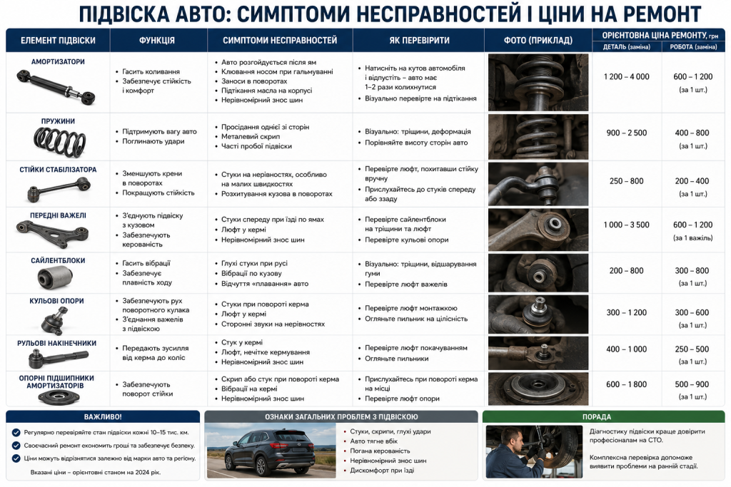 Інфографіка про елементи підвіски автомобіля, ознаки несправностей і ціни ремонту