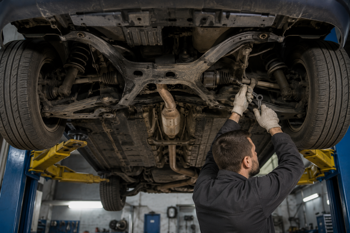 Автомеханік проводить ремонт елементів підвіски автомобіля знизу