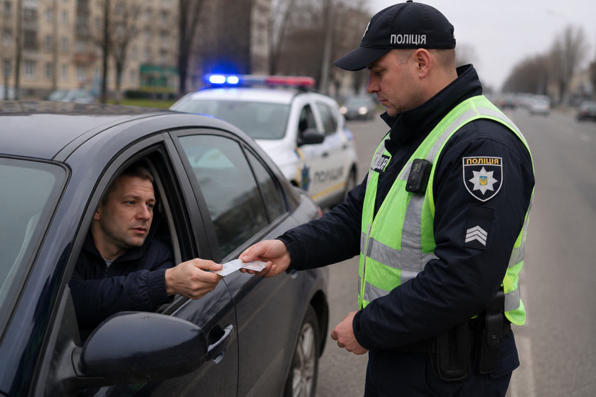 Працівник поліції приймає посвідчення водія через вікно автомобіля на фоні патрульної машини