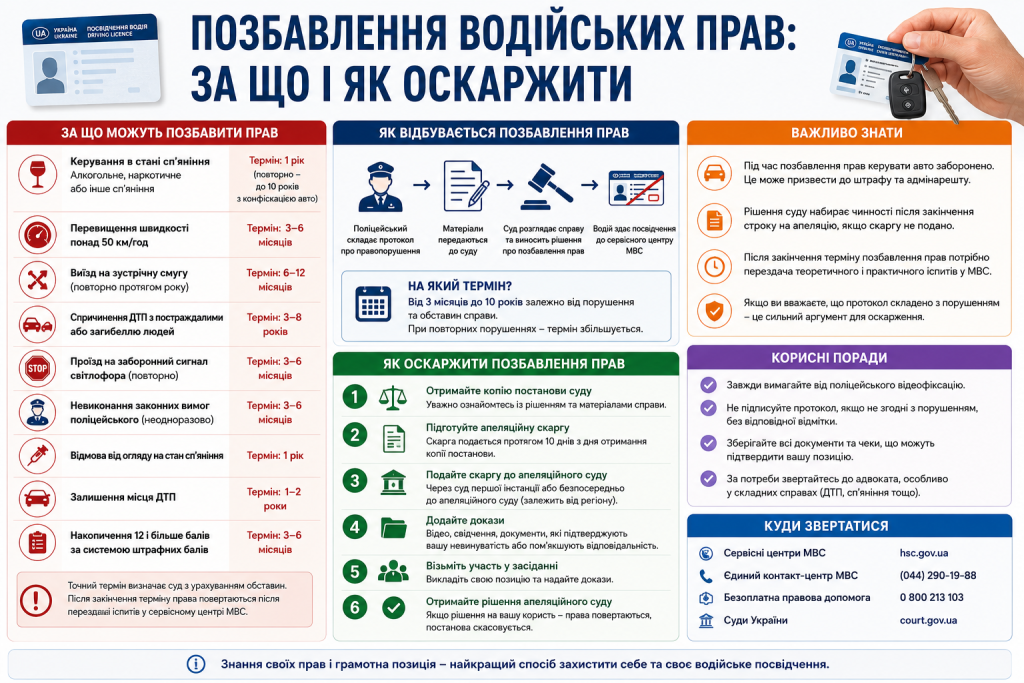 Інфографіка про причини позбавлення водійських прав в Україні та покроковий алгоритм оскарження