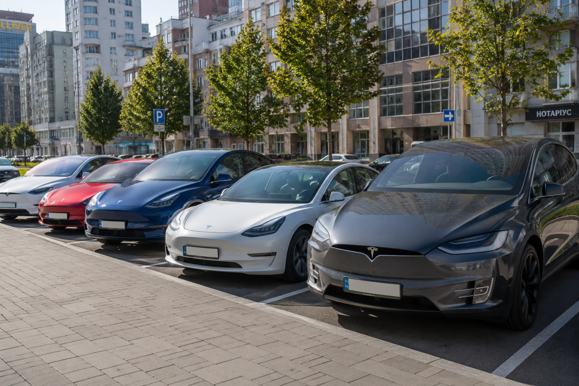 Електромобілі Tesla різних моделей припарковані на міській парковці, демонструючи сучасний електротранспорт в Україні.