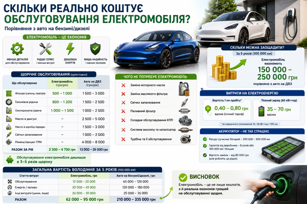 Інфографіка з порівнянням витрат на обслуговування електромобіля та авто на ДВЗ