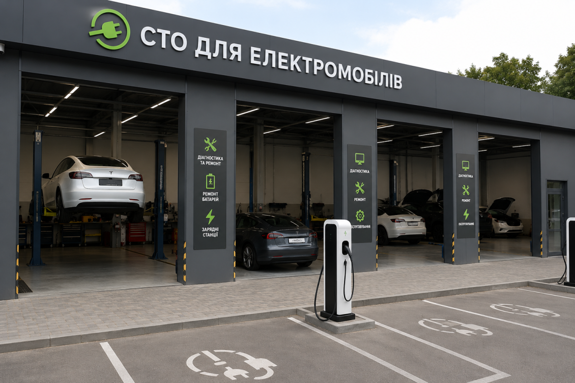 Станція технічного обслуговування електромобілів із зарядними станціями та автомобілями Tesla