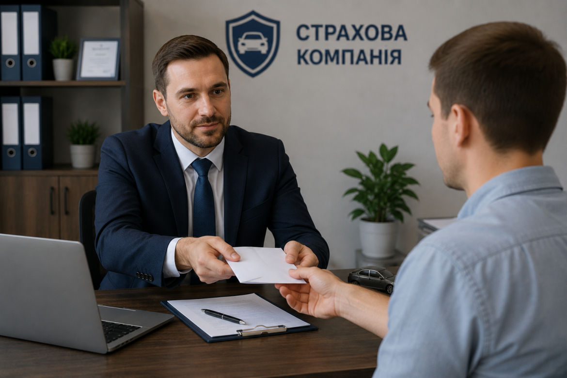 Представник страхової компанії передає документи клієнту під час оформлення страхового відшкодування після дорожньо-транспортної пригоди.