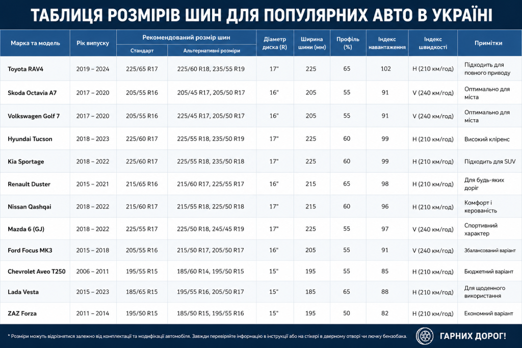 Таблиця рекомендованих розмірів шин для популярних моделей автомобілів в Україні