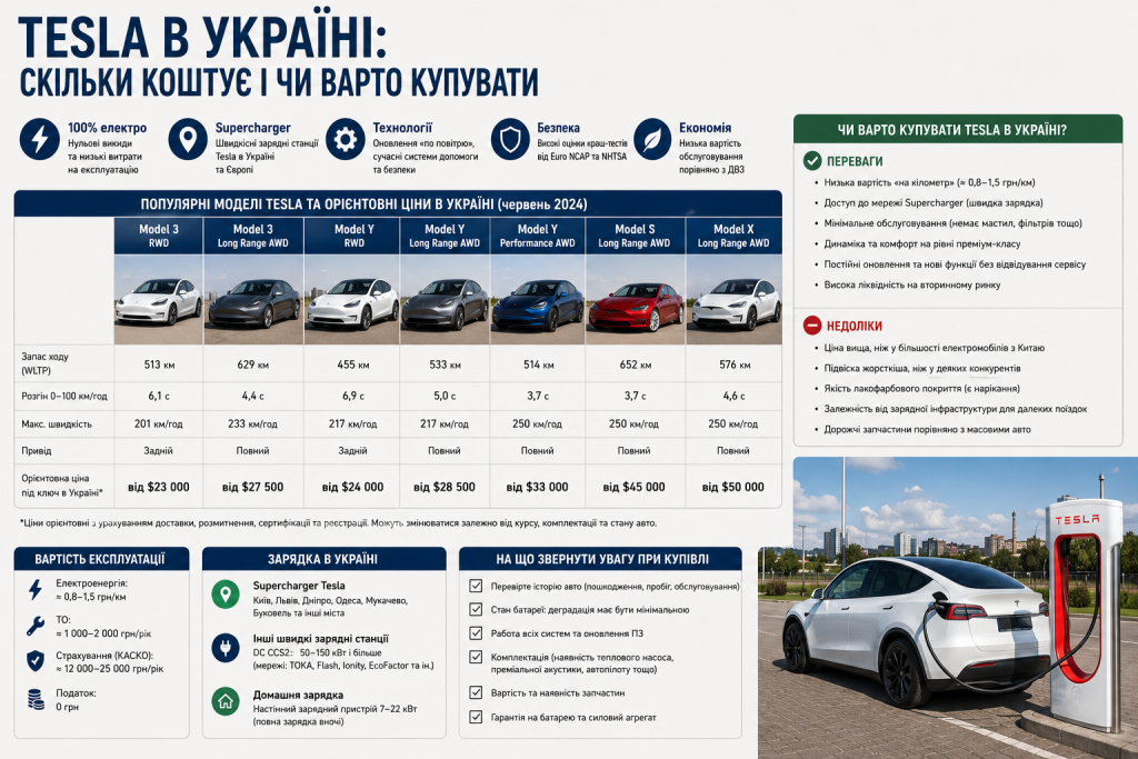 Інфографіка про автомобілі Tesla в Україні: популярні моделі, орієнтовні ціни, переваги й недоліки, зарядна інфраструктура та особливості експлуатації.