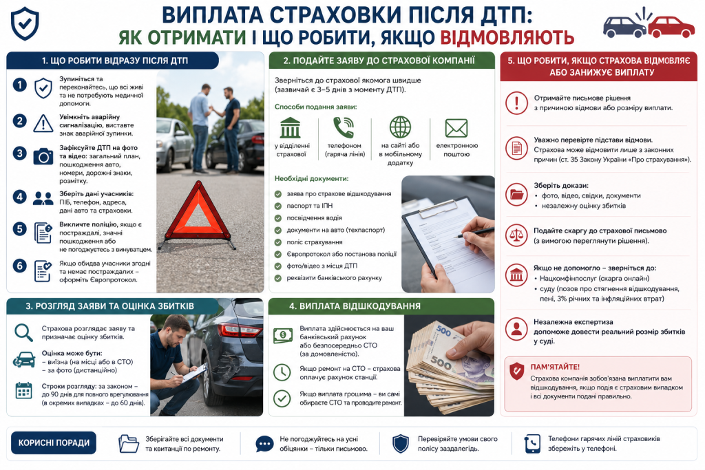 Інфографіка про порядок отримання страхового відшкодування після ДТП, необхідні документи та дії у разі відмови страхової компанії.