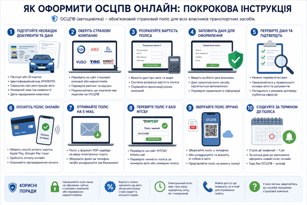 Покрокова інфографіка з оформлення поліса автоцивілки ОСЦПВ через інтернет