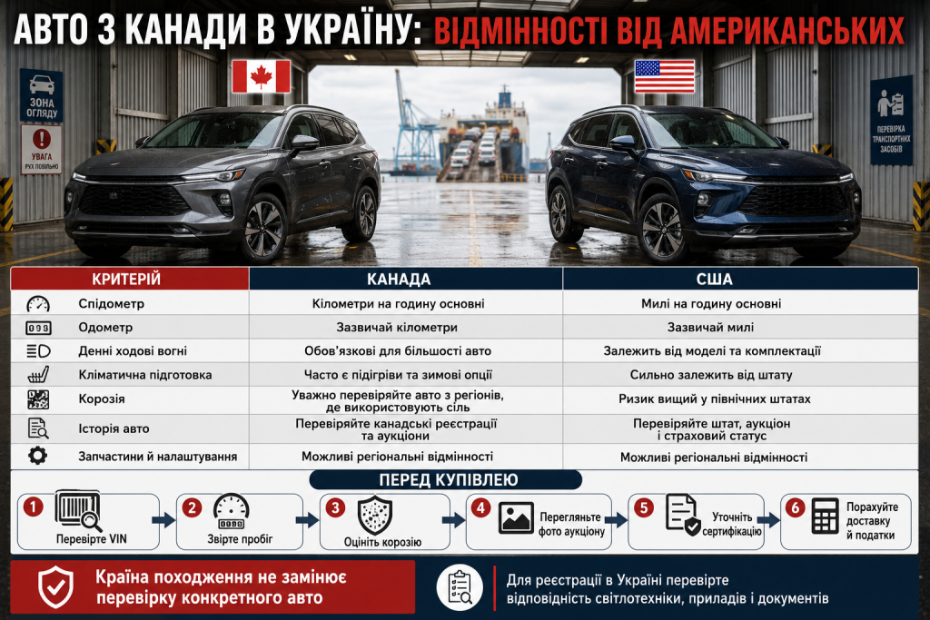 Інфографіка про відмінності канадських і американських автомобілів та основні перевірки перед купівлею авто з Канади
