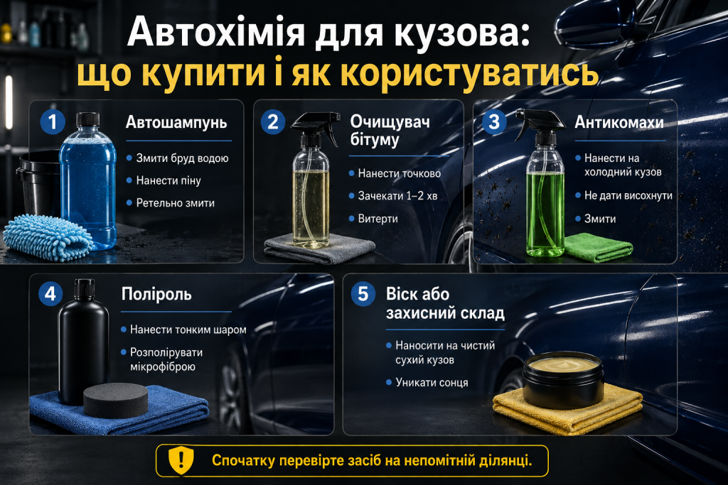 Інфографіка про автошампунь, очищувач бітуму, антикомахи, поліроль і захисний віск для кузова