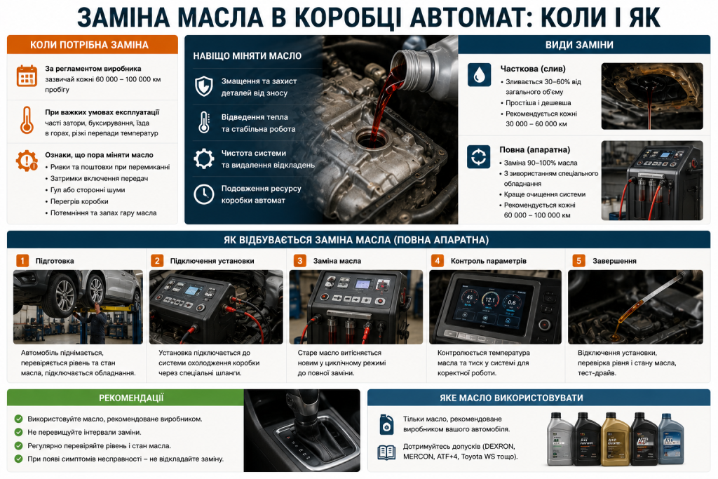 Інфографіка про заміну масла в автоматичній коробці передач, строки обслуговування, часткову та апаратну заміну ATF.