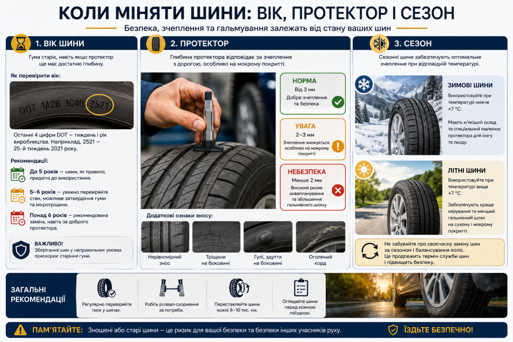 Інфографіка про термін заміни автомобільних шин за віком, глибиною протектора, зносом і сезоном