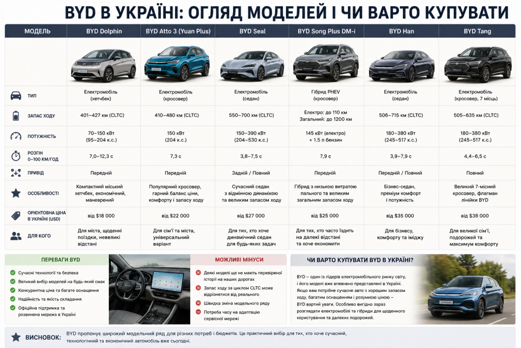 Порівняльна таблиця автомобілів BYD в Україні з моделями Dolphin, Atto 3, Seal, Song Plus, Han і Tang, запасом ходу та характеристиками.