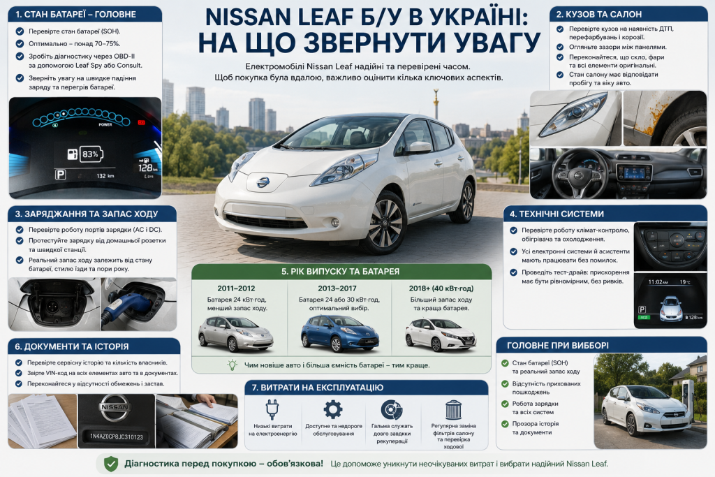 Інфографіка про вибір вживаного Nissan Leaf в Україні, перевірку батареї, кузова, зарядки та технічного стану