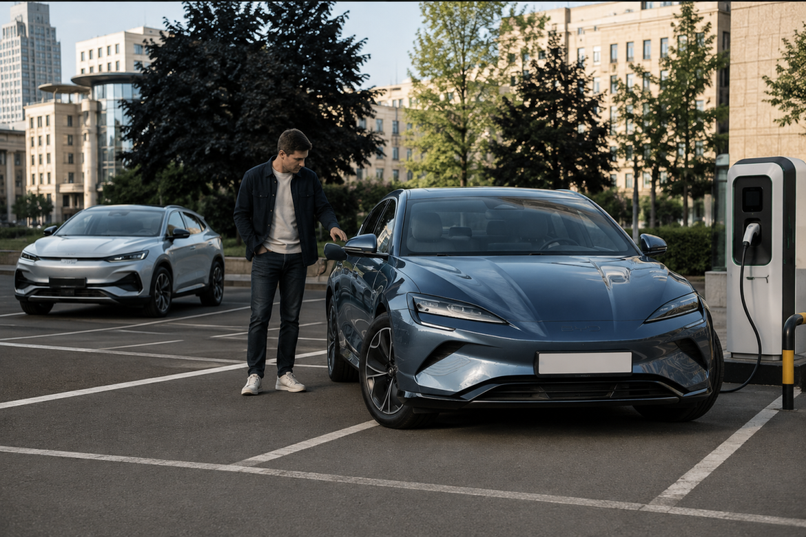 Чоловік оглядає сучасний електромобіль BYD на парковці біля зарядної станції, поруч стоїть ще один автомобіль BYD.