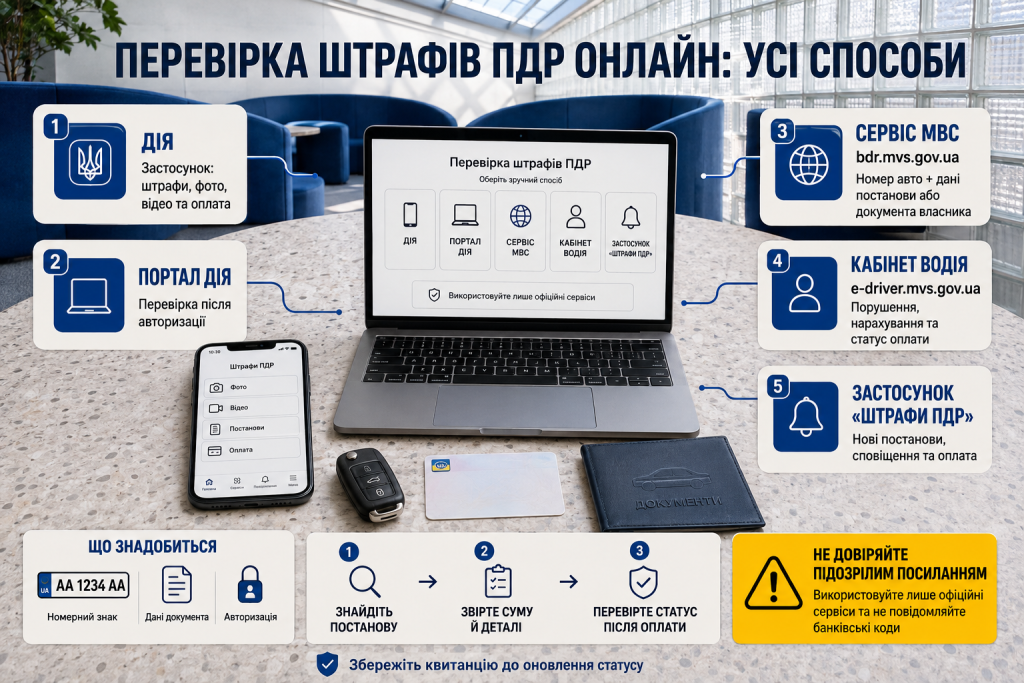 Інфографіка з основними способами онлайн-перевірки штрафів ПДР в Україні через Дію, сервіси МВС та кабінет водія